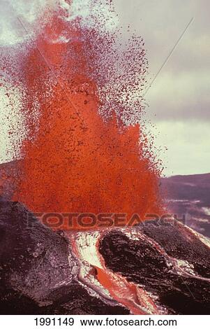 Stock Photo - Hawaii, Big Island, Hawaii Volcanoes National Park, Kilauea, Pu'u O'o Eruption, Close-Up Fountaining Action. Fotosearch