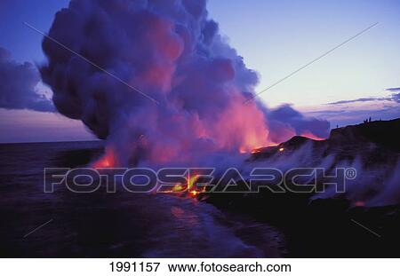 Hawaii, Big Island, Hawaii Volcanoes National Park, On Cliff Watch Lava Flow Into Ocean At Twilight Steam Cloud, Distant View View Large Photo Image Stock Photo - Hawaii, Big Island, Hawaii Volcanoes National Park, On Cliff Watch Lava Flow Into Ocean At Twilight Steam Cloud, Distant View. Fotosearch