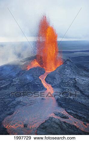 Stock Photo - Hawaii, Big Island, Hawaii Volcanoes National Park, Fountaining Lava, Pu'u O'o Vent With River, Smoke A26H. Fotosearch