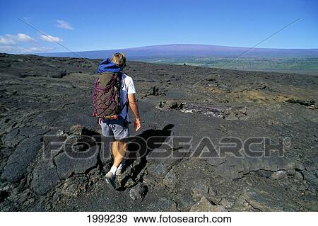 Stock Photo - Hawaii, Big Island, Hawaii Volcanoes National Park, View Of Mauna Loa, Hiker Kau Desert Trail, Lava Field. For Editorial Use Only.. Fotosearch