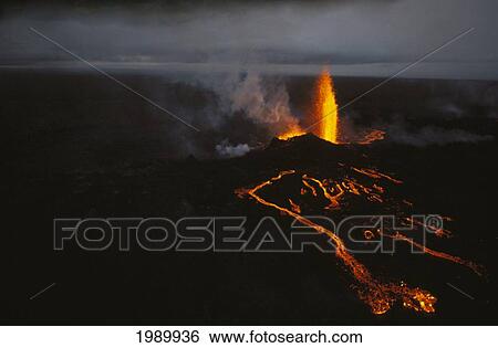 Stock Photograph - Hawaii, Big Island, Hawaii Volcanoes National Park, Volcanic Eruption, Flowing Lava At Night. Fotosearch