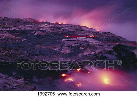 Hawaii, Big Island, Hawaii Volcanoes National Park, Lava Flows Into Ocean At Twilight, Creating A Purple Mist. View Large Photo Image Stock Photograph - Hawaii, Big Island, Hawaii Volcanoes National Park, Lava Flows Into Ocean At Twilight, Creating A Purple Mist.. Fotosearch