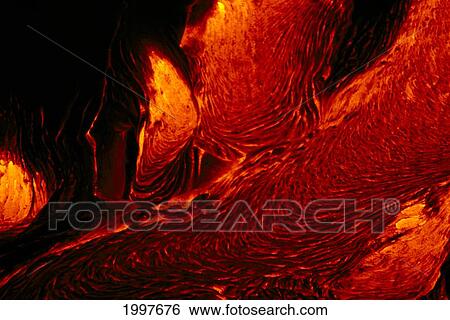 Stock Photograph - Hawaii, Big Island, Hawaii Volcanoes National Park, Kilauea, Close-Up Of Hot Lava Flowing, Detail A28H. Fotosearch