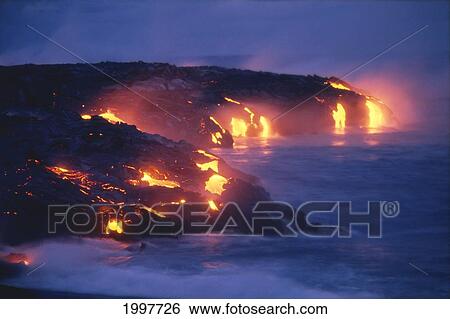 Stock Photograph - Hawaii, Big Island, Hawaii Volcanoes National Park, Lava Flow Action Into Ocean Twilight A27D. Fotosearch