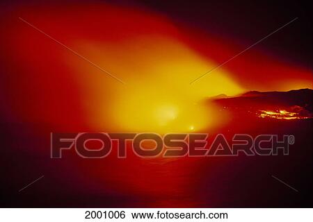 Hawaii, Big Island, Hawaii Volcanoes National Park, Dramatic Red Glow Explosion Smoke Flow Into Ocean View Large Photo Image Stock Photograph - Hawaii, Big Island, Hawaii Volcanoes National Park, Dramatic Red Glow Explosion Smoke Flow Into Ocean. Fotosearch