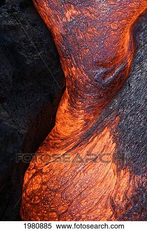 Stock Photography - Hawaii, Big Island, Hawaii Volcanoes National Park, Kilauea Volcano, Detail Of Flowing Molten Pahoehoe Lava.. Fotosearch
