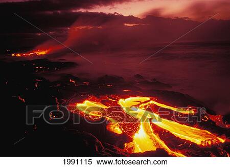 Stock Photography - Hawaii, Big Island, Hawaii Volcanoes National Park, Lava Flow Glows In Early Dawn. Fotosearch