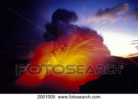 Hawaii, Big Island, Hawaii Volcanoes National Park, Lava Explosion Entering Ocean Smoke Cloud, Dawn Kupaianaha Vent View Large Photo Image Stock Photography - Hawaii, Big Island, Hawaii Volcanoes National Park, Lava Explosion Entering Ocean Smoke Cloud, Dawn Kupaianaha Vent. Fotosearch