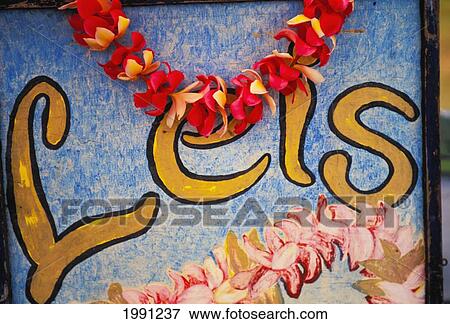 Stock Photo - Hawaii, Big Island, Hilo, Lei And Flower Stand Sign. Fotosearch