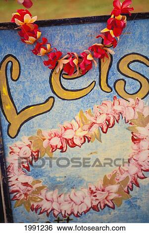 Stock Photograph - Hawaii, Big Island, Hilo, Lei And Flower Stand Sign. Fotosearch