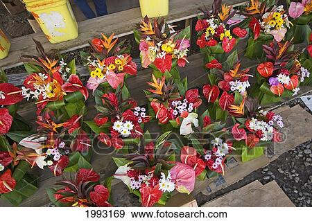 Stock Photo - Hawaii, Big Island, Hilo, Tropical Flower Arrangements In A Downtown Farmer's Market. Fotosearch
