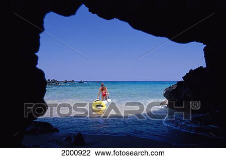 Hawaii, Big Island, Honomalino Bay, View From Behind Woman Heading Out With Yellow Kayak Sea Cave View Large Photo Image Stock Image - Hawaii, Big Island, Honomalino Bay, View From Behind Woman Heading Out With Yellow Kayak Sea Cave. Fotosearch