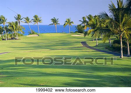 Stock Image - Hawaii, Big Island, Kailua-Kona, Kona Country Club, Cart Lanes, Tees, Shadows, Ocean In Background C1267. Fotosearch