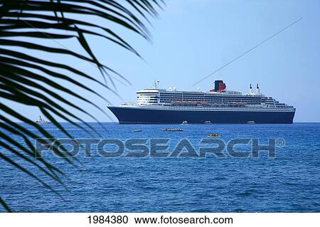 Hawaii, Big Island, Kailua-Kona, Luxury Cruise Ship Queen Mary Framed By Palm Fronds. View Large Photo Image Stock Image - Hawaii, Big Island, Kailua-Kona, Luxury Cruise Ship Queen Mary Framed By Palm Fronds.. Fotosearch