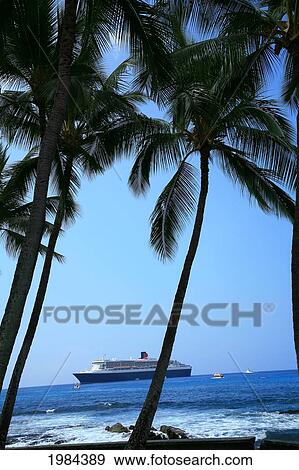 Hawaii, Big Island, Kailua-Kona, Luxury Cruise Ship Queen Mary, Palm Trees In Foreground. View Large Photo Image Stock Photo - Hawaii, Big Island, Kailua-Kona, Luxury Cruise Ship Queen Mary, Palm Trees In Foreground.. Fotosearch