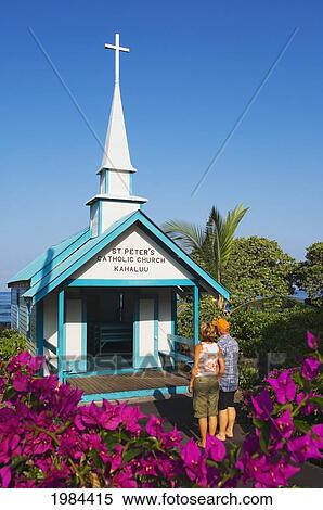 Hawaii, Big Island, Kailua-Kona, Kahaluu, St. Peter's Catholic Church, Tourists At Entrance. View Large Photo Image Stock Photography - Hawaii, Big Island, Kailua-Kona, Kahaluu, St. Peter's Catholic Church, Tourists At Entrance.. Fotosearch