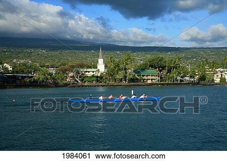 Hawaii, Big Island, Kailua-Kona Town, Six Man Canoe Paddling Along Coastline Near Ali'i Drive. View Large Photo Image Stock Image - Hawaii, Big Island, Kailua-Kona Town, Six Man Canoe Paddling Along Coastline Near Ali'i Drive.. Fotosearch