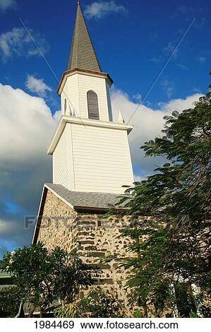 Stock Photo - Hawaii, Big Island, Kailua-Kona Town, Mokuaikaua Church Steeple Rises Above Trees.. Fotosearch