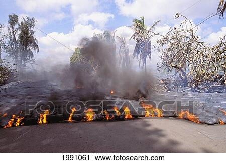 Hawaii, Big Island, Kalapana, Flowing Lava Consumes Road At Kalapana View Large Photo Image Stock Image - Hawaii, Big Island, Kalapana, Flowing Lava Consumes Road At Kalapana. Fotosearch