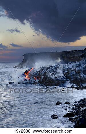 Stock Photo - Hawaii, Big Island, Kalapana, Pahoehoe Lava Flowing From Kilauea Reaching The Pacific Ocean.. Fotosearch
