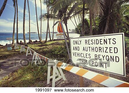 Hawaii, Big Island, Kalapana, Road Block At Lava Flow At Kaimu Black Sands Beach View Large Photo Image Stock Photo - Hawaii, Big Island, Kalapana, Road Block At Lava Flow At Kaimu Black Sands Beach. Fotosearch