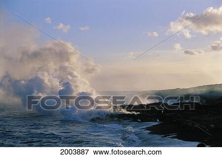 Hawaii, Big Island, Kalapana, Steam Cloud From Lava Flowing Into Ocean View Large Photo Image Stock Photo - Hawaii, Big Island, Kalapana, Steam Cloud From Lava Flowing Into Ocean. Fotosearch