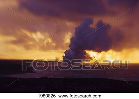 Hawaii, Big Island, Kalapana, Steam Cloud From Lava Entering Pacific Ocean From Kilauea At Sunset, Selective Focus. View Large Photo Image Stock Photograph - Hawaii, Big Island, Kalapana, Steam Cloud From Lava Entering Pacific Ocean From Kilauea At Sunset, Selective Focus.. Fotosearch