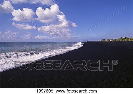 Stock Photography - Hawaii, Big Island, Kamoamoa, Black Sand Beach, Whitewash Upon Shoreline, Scenic A45B. Fotosearch