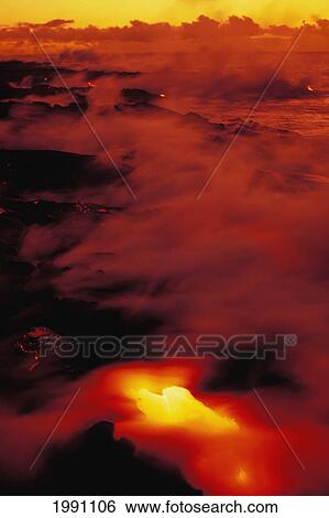 Hawaii, Big Island, Kamoamoa, Dawn, Lava Into Sea, Dramatic Red And Yellow View Large Photo Image Stock Photograph - Hawaii, Big Island, Kamoamoa, Dawn, Lava Into Sea, Dramatic Red And Yellow. Fotosearch