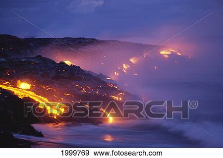 Stock Photo - Hawaii, Big Island, Kilauea, Lava Flow Into Ocean At Twilight, Smoke Orange Glow C1623. Fotosearch