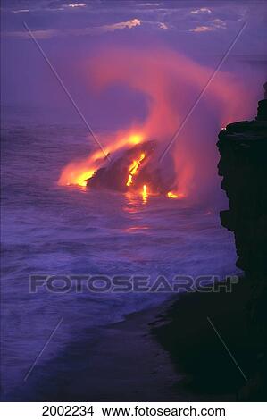 Picture - Hawaii, Big Island, Kilauea Volcano, Lava Meets Ocean Action, Glowing In Pink Steamy Skies. Fotosearch