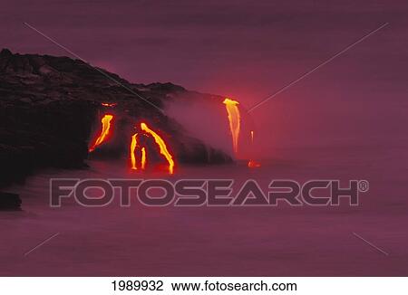 Stock Image - Hawaii, Big Island, Kilauea Volcano, Lava Flows Into Ocean. Fotosearch
