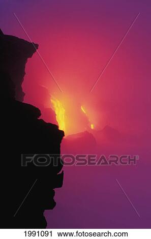 Hawaii, Big Island, Kilauea Volcano, Lava Meets The Sea Pouring Lava View Large Photo Image Stock Image - Hawaii, Big Island, Kilauea Volcano, Lava Meets The Sea Pouring Lava. Fotosearch