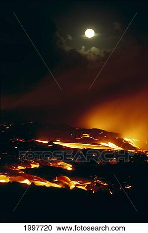 Stock Image - Hawaii, Big Island, Kilauea Volcano, Lava Flows Into Ocean, Hawaii Volcanoes National Park Full Moon, A27C. Fotosearch