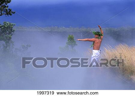 Stock Photo - Hawaii, Big Island, Kilauea Volcano, Kane (Male) Hula Dancer In Steam Vents A36D. Fotosearch