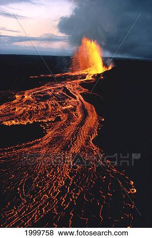Hawaii, Big Island, Kilauea Volcano, Puuoo Vent Eruption At Twilight, Lava Flows C1630 View Large Photo Image Stock Photo - Hawaii, Big Island, Kilauea Volcano, Puuoo Vent Eruption At Twilight, Lava Flows C1630. Fotosearch