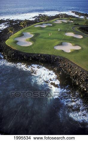 Picture - Hawaii, Big Island, Kohala Coast, Mauna Lani Resort, Francis I'i Brown Golf Course, Couple Golfing At 15Th Hole. Fotosearch