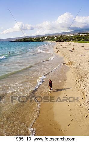 Hawaii, Big Island, Kohala Coast, Hapuna Beach Resort, Woman Walking Along The Beach. View Large Photo Image Stock Image - Hawaii, Big Island, Kohala Coast, Hapuna Beach Resort, Woman Walking Along The Beach.. Fotosearch