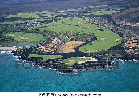 Stock Image - Hawaii, Big Island, Kona Aerial Hualalai Resort Landscape Of Golf Course And Grounds Coast. Fotosearch