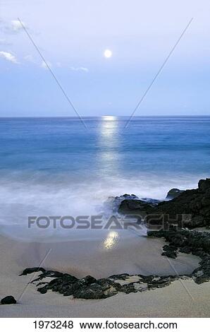 Hawaii, Big Island, Kona Coast, Kua Bay White Sand Beach At Moonset. View Large Photo Image Stock Photo - Hawaii, Big Island, Kona Coast, Kua Bay White Sand Beach At Moonset.. Fotosearch