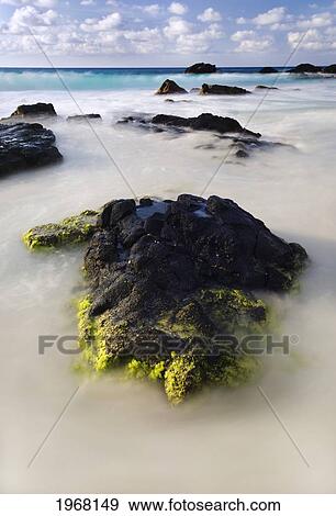 Hawaii, Big Island, Kona Coast, Kua Bay, Seaweed Encrusted Rocks (Slow Shutter). View Large Photo Image Stock Photo - Hawaii, Big Island, Kona Coast, Kua Bay, Seaweed Encrusted Rocks (Slow Shutter).. Fotosearch
