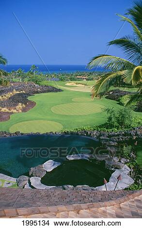 Picture - Hawaii, Big Island, Kona Coast, Kukio Resort Golf Course, Overview Of The Patting Greens.. Fotosearch