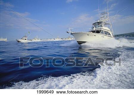 Stock Photo - Hawaii, Big Island, Kona, Many Boats At Start For Hawaiian International Billfish Tournament, Side View C1380. Fotosearch