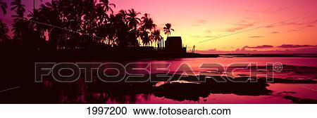 Stock Image - Hawaii, Big Island, Kona, Pu'uhonua O Honaunau (Place Of Refuge) At Sunset, Panoramic A44F.. Fotosearch