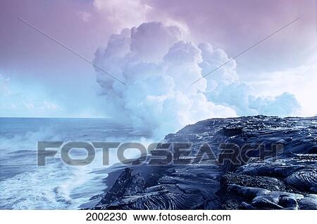 Stock Image - Hawaii, Big Island, Lava Flowing Into Sea, Sulphur Clouds From Kilauea Crater. Fotosearch