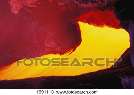 Stock Image - Hawaii, Big Island, Lava Window, Molten Lava Flow. Fotosearch