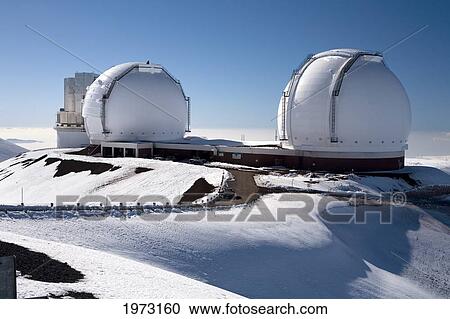 Stock Image - Hawaii, Big Island, Mauna Kea Observatory, Covered In Snow.. Fotosearch