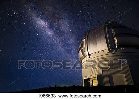 Stock Image - Hawaii, Big Island, Mauna Kea Summit, Gemini Observatory, Milky Way And Starry Sky Above, Low Light Exposure.. Fotosearch