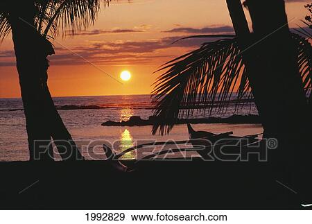 Hawaii, Big Island, Mauna Lani Beach Hotel, Ocean Sunset, Outrigger Canoe Resting On A Tropical Beach. View Large Photo Image Stock Photo - Hawaii, Big Island, Mauna Lani Beach Hotel, Ocean Sunset, Outrigger Canoe Resting On A Tropical Beach.. Fotosearch