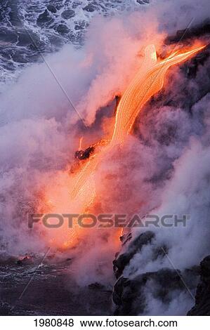 Hawaii, Big Island, Near Kalapana, Pahoehoe Lava Flowing From Kilauea Into Steaming Pacific Ocean. View Large Photo Image Stock Photo - Hawaii, Big Island, Near Kalapana, Pahoehoe Lava Flowing From Kilauea Into Steaming Pacific Ocean.. Fotosearch